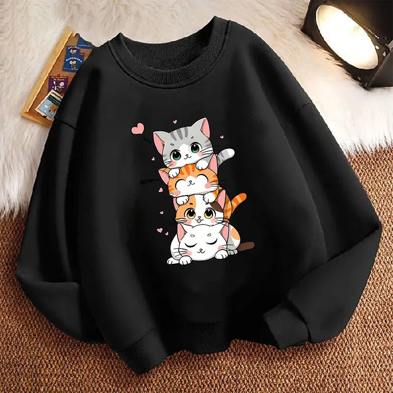 Niedlicher Katzen-Grafik-Kinder-Hoodie Langarm-Sweatshirt Cartoon-Rundhalspullover für Jungen und Mädchen Kawaii Kätzchen-Oberteile Y2K Kinder-Kapuzenpullover