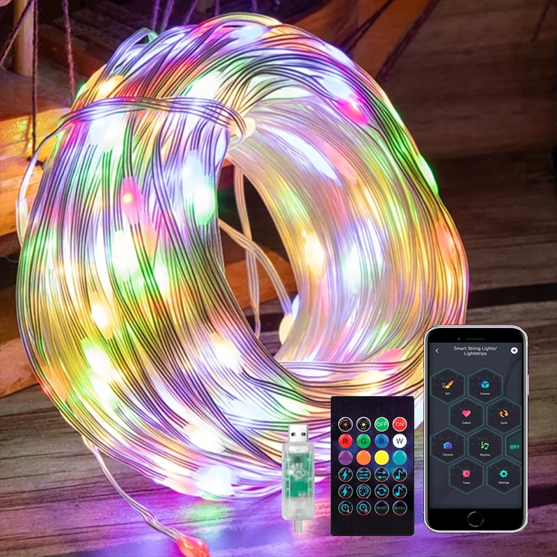 سلسلة أضواء نحاسية RGB متغيرة الألوان، تحكم ذكي في التطبيقات، سلسلة أضواء LED لعيد الميلاد للديكور الداخلي في الشجرة