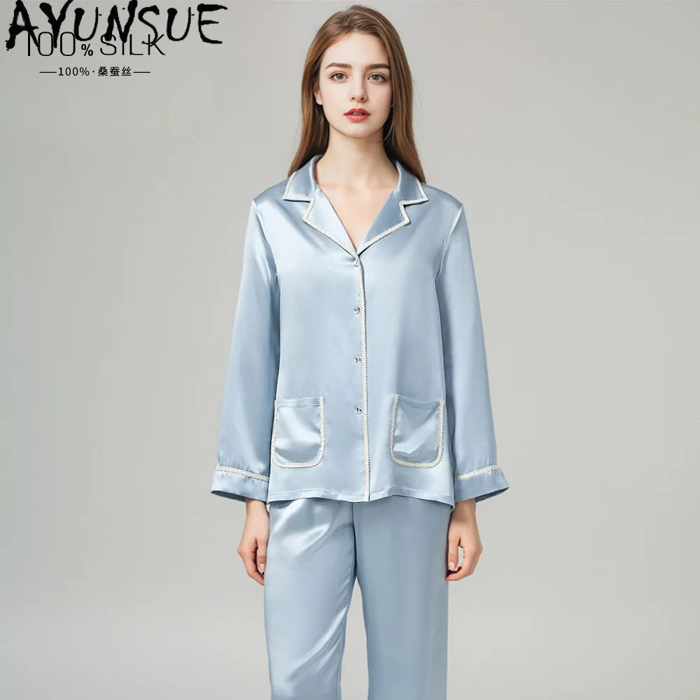 

AYUNSUE 19 мм, 100% шелковая пижама из тутового шелкопряда для женщин, летняя одежда 2026, комплект с длинным рукавом, повседневные брюки, женские комплекты