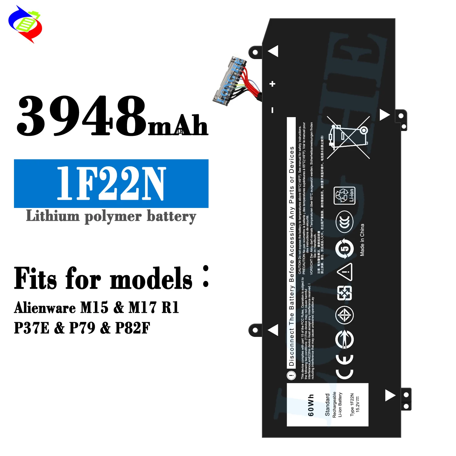 

1F22N 15.2V 60Wh Laptop Battery Replacement for Dell Alienware M15 M17 R1 P82F P40E P79F P37E Inspiron G5 5590 G7 7590 7790