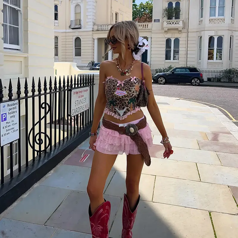 Sexy Leopard Print Tank Tops Women Harajuku Y2K Bow Patchwork Crop Tops Aesthetic Streetwear Fashion Sleeveless Corset Tops