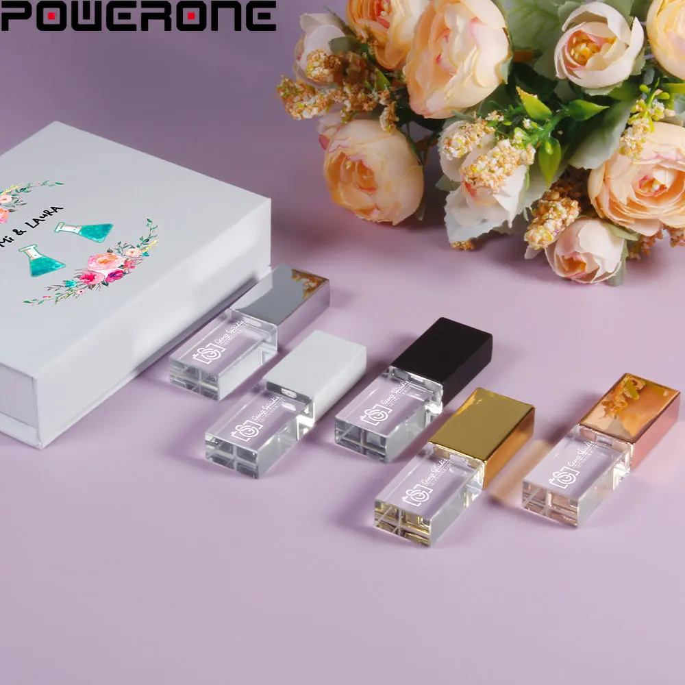 

POWERONE 1PCS Free Logo USB Flash Drive 128GB Crystal with Box USB 2.0 Memory Stick 64GB Wedding Gift Pen Drives 32GB U Disk 8GB