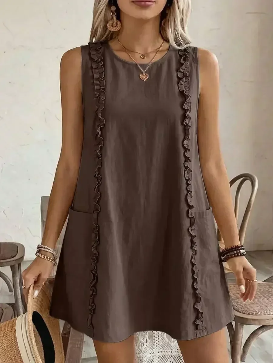 

Bohemian Sleeveless Round Neck Ruffle Hem Mini Dress For Women Summer Casual
