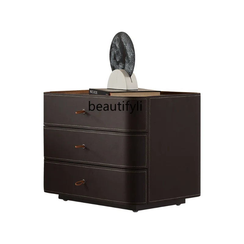 

Italian Minimalist Saddle Leather Bedside Table Light Luxury Designer Advanced Bedroom Drawer Storage Bed Side Cabinet