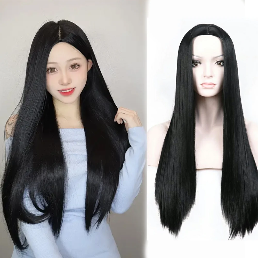 28inch Black Long Silky Straight Hair Synthetic Fiber Wig Rose Net Cap Heat Resistant Glueless Ready To Wear Asian Wig for women