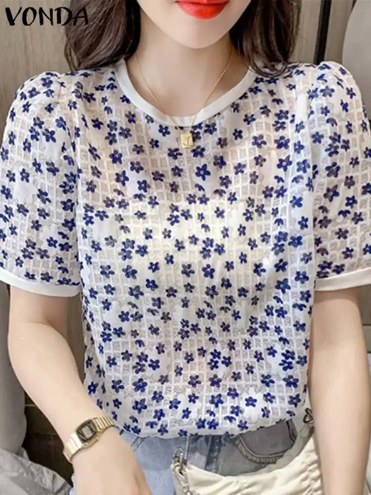 Vonda-Blusas florais boêmias estampadas para mulheres, tops com o pescoço, manga folhada, malha casual, solta, moda verão, 2024