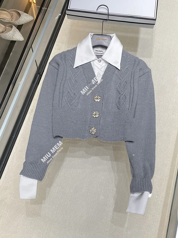 

Miumem Women's High-End Autumn Winter College Sle Knitted Sweater irt Collar Fake Two-Piece Top Button Splice Long Sve