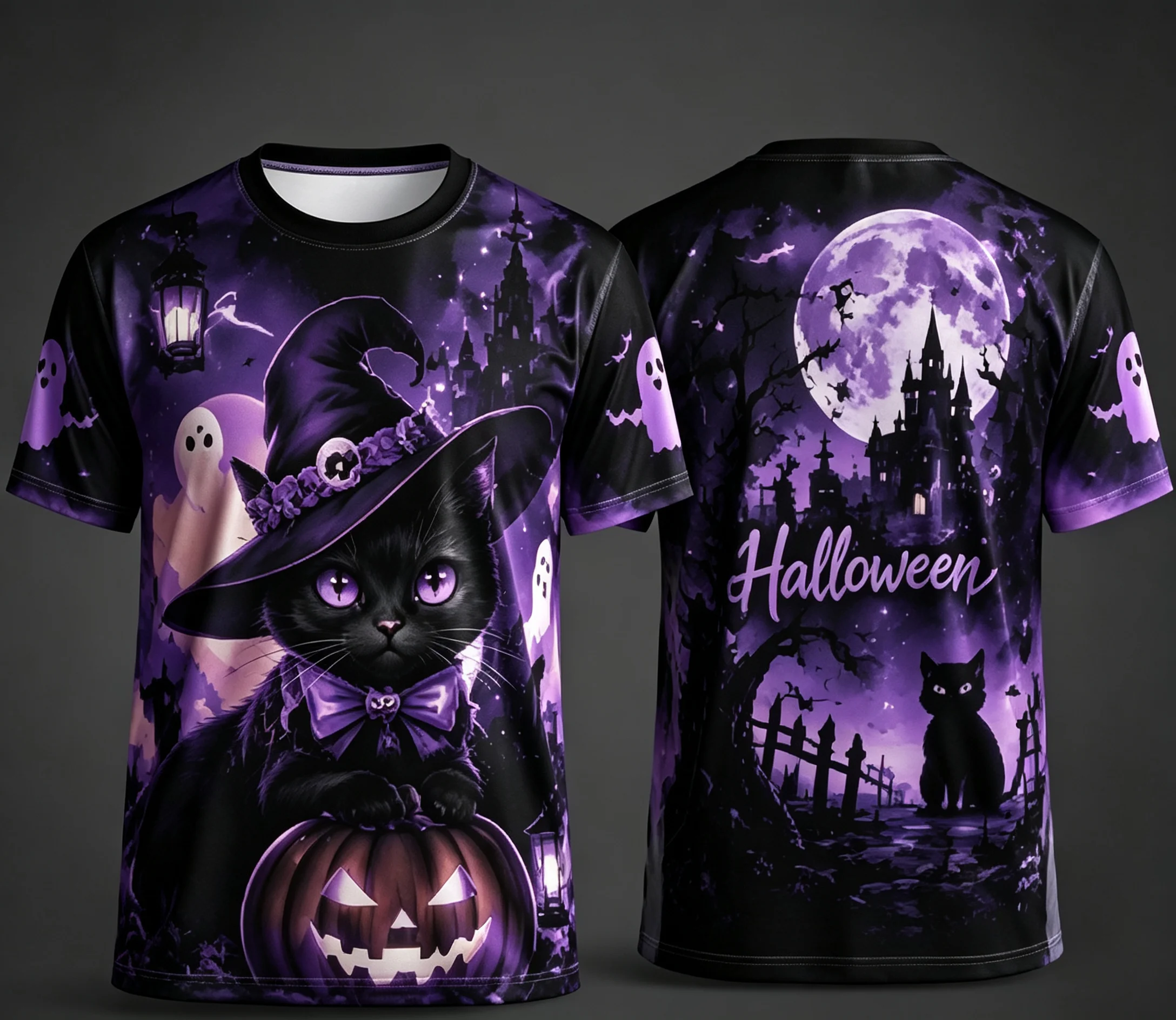 Men Halloween 3D Print T‑Shirt Anime Witch Girl Pumpkin Bat Orange Castle Moon Graphic Short Sleeve Party Tops