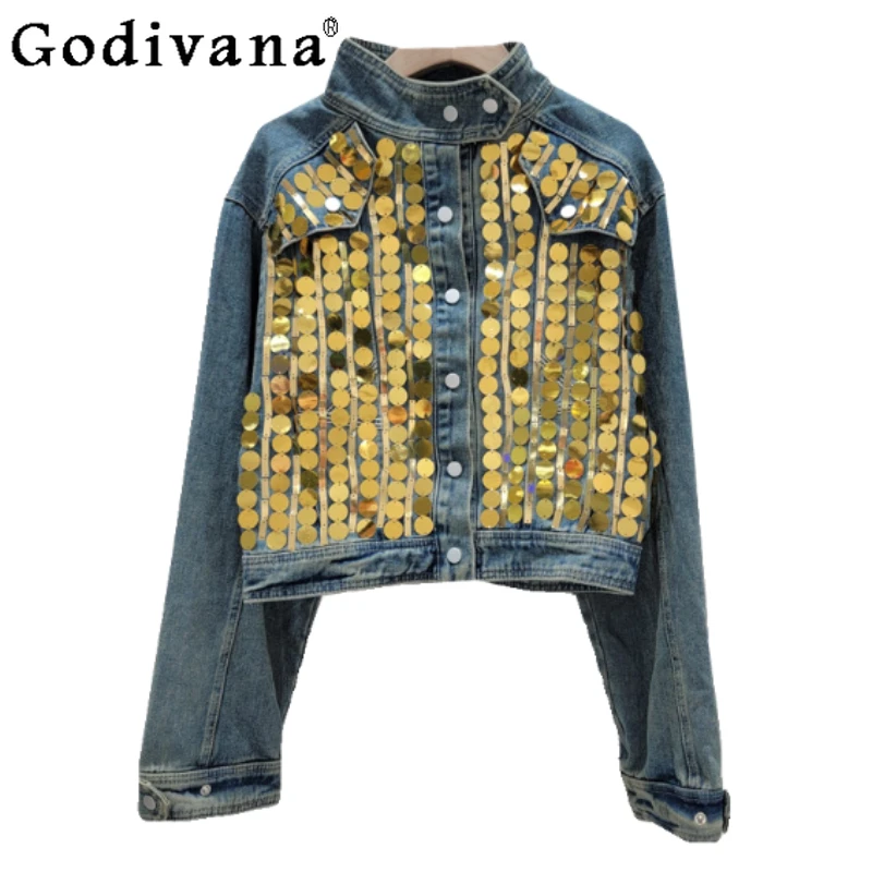 

Spring Retro Do Old Heavy Industry Sequined Splicing Denim Jacket Girl Loose Stand-up Collar Age-reducing Fashion Street Coat
