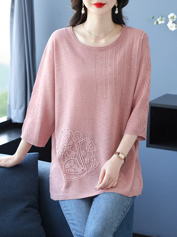 

Solid Applique T Shirt Women Pullovers 2025 Summer Clothes For Women Loose Knitted Tees Top Short Sleeve Women's T-shirt