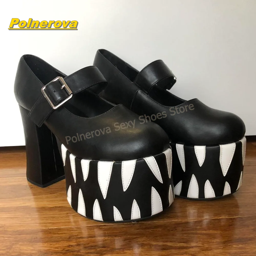 White Shark Teeth Platform Mary Jane Shoes Round Toe Buckle Strap Cut Out Mixed Color Gothic Punk Y2K Fashion Pumps 2026 Trend
