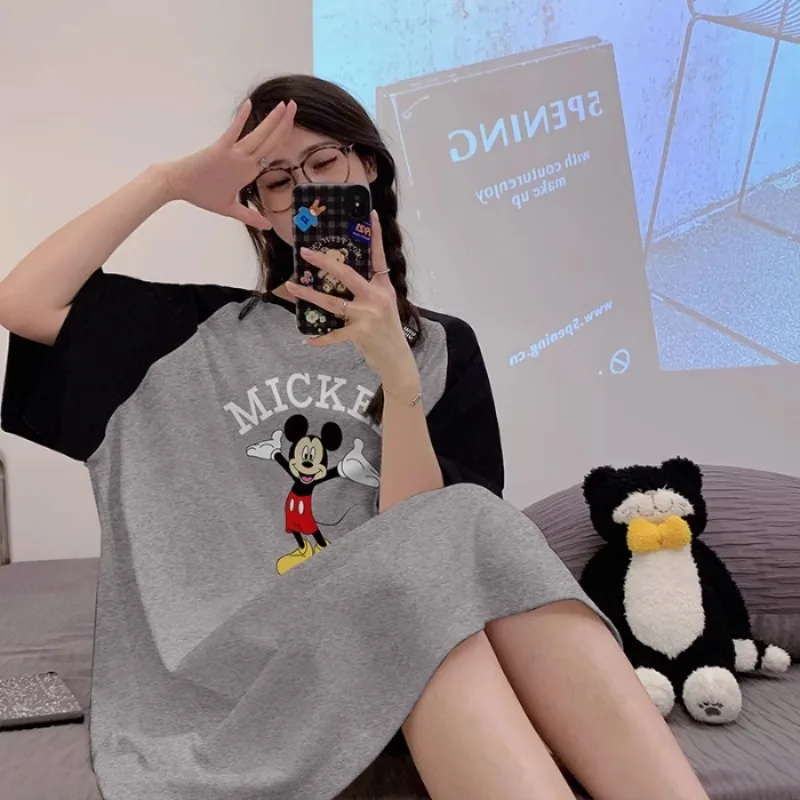 

Серая ночная рубашка с героями мультфильмов Микки, новая летняя пижама из чистого хлопка, домашняя одежда с героями мультфильмов Диснея, повседневная одежда для дома из чистого хлопка