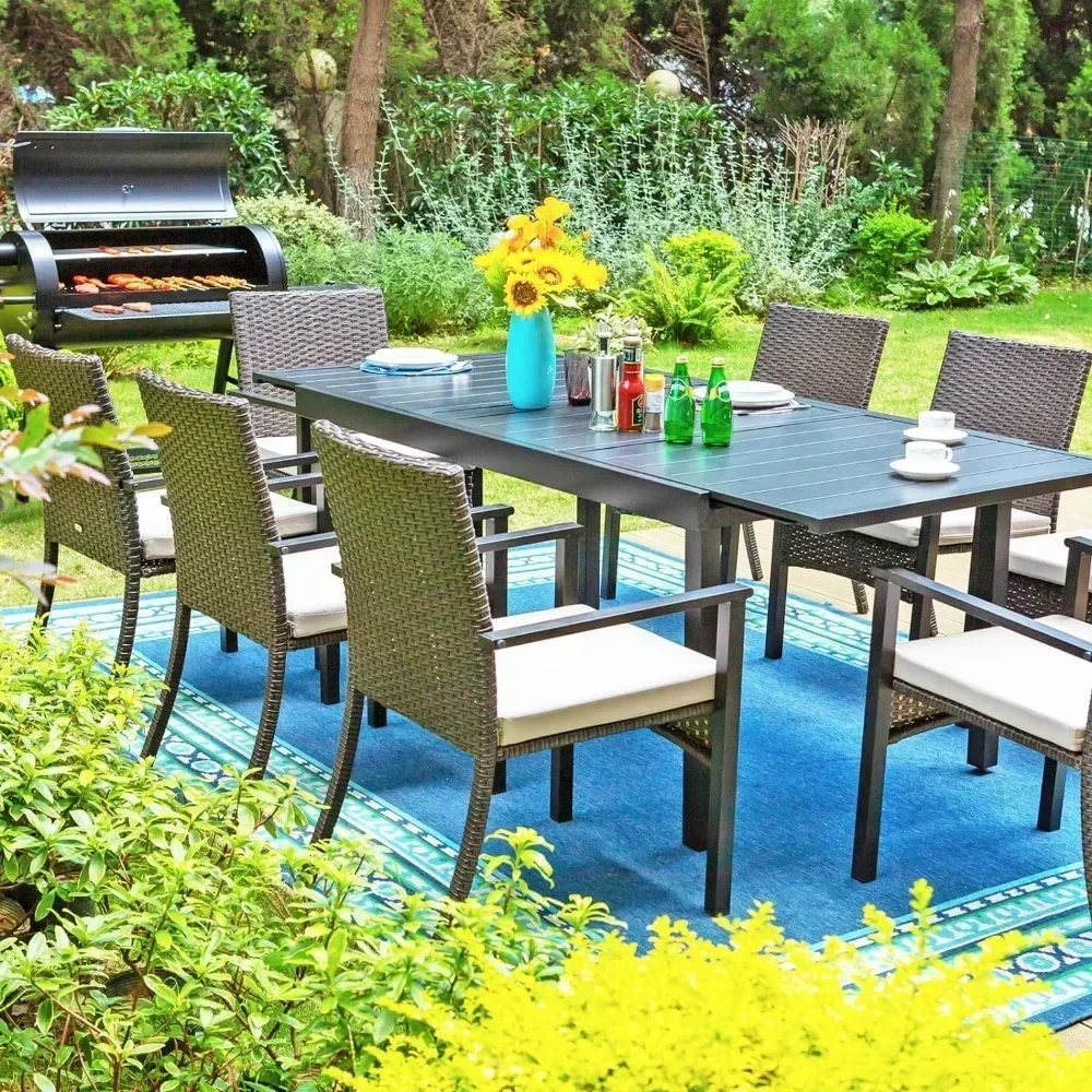 

# Набор садовых столов, Расширяемые прямоугольные металлические столы для улицы и стул из полиэтилена из ротанга, Мебель для бесед, Набор садовых столов #