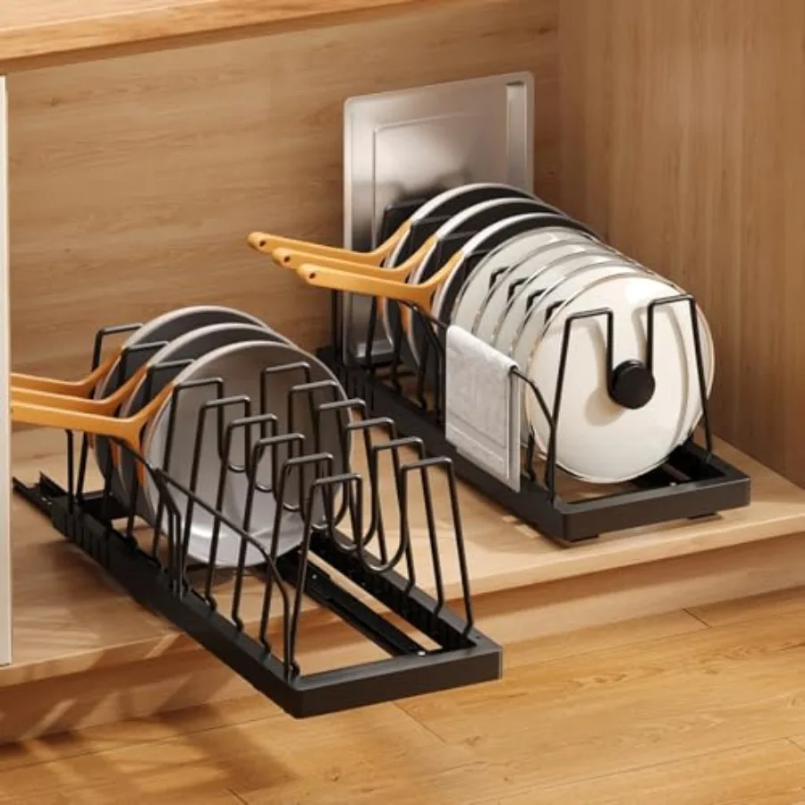 

Pots and Pans Organizer Under Cabinet.6" Deep Pull Out Pot Lid Organizer Holder with Guardrail Adhesive Pot and Pan Holder Rack