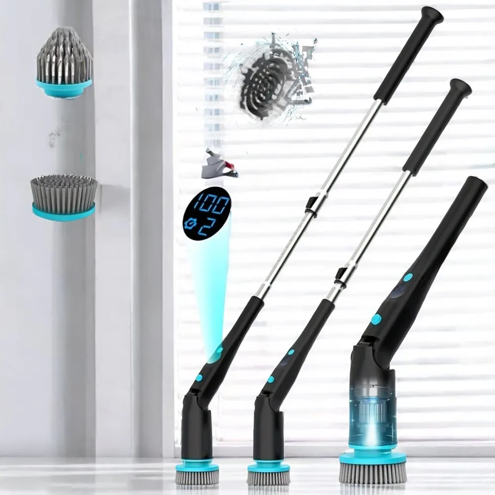 Electric Spin Scrubber, Cordless Cleaning Brush with 7 Replaceable Heads, Dual Speed Power, Detachable Long Handle for Bathroom,