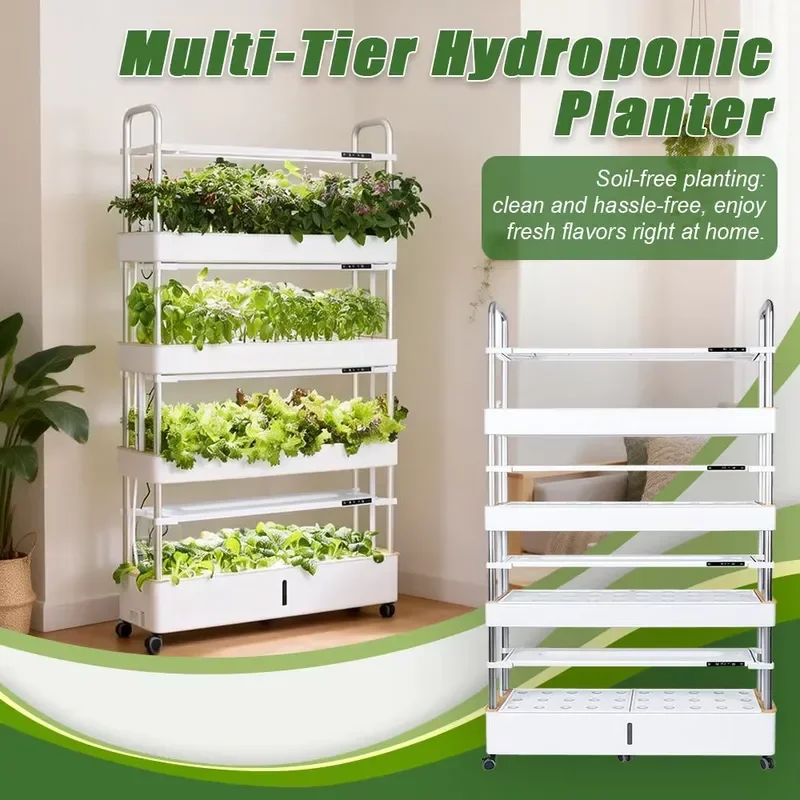 Vertical 4-Tier Hydroponic Planter with Wheels, Automatic Water Circulation Soilless Cultivation System