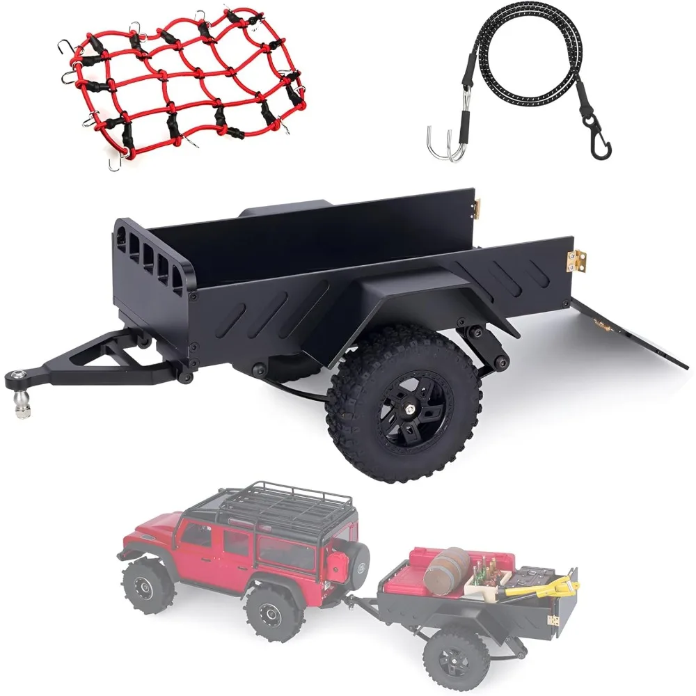 

Aluminum Utility 1/18 Trailer with Kinetic Winch Strap and Luggage Net for 1/18 1/24 RC Crawler TRX4M Defender Bronco K10 SCX24