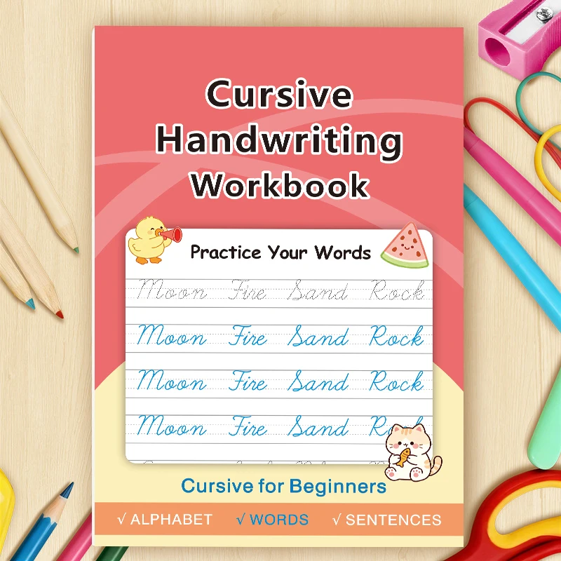 Kids Cursive Handwriting Educational Workbook, Guided Tracing for Cursive Letters,Common Vocabulary and Short Sentences