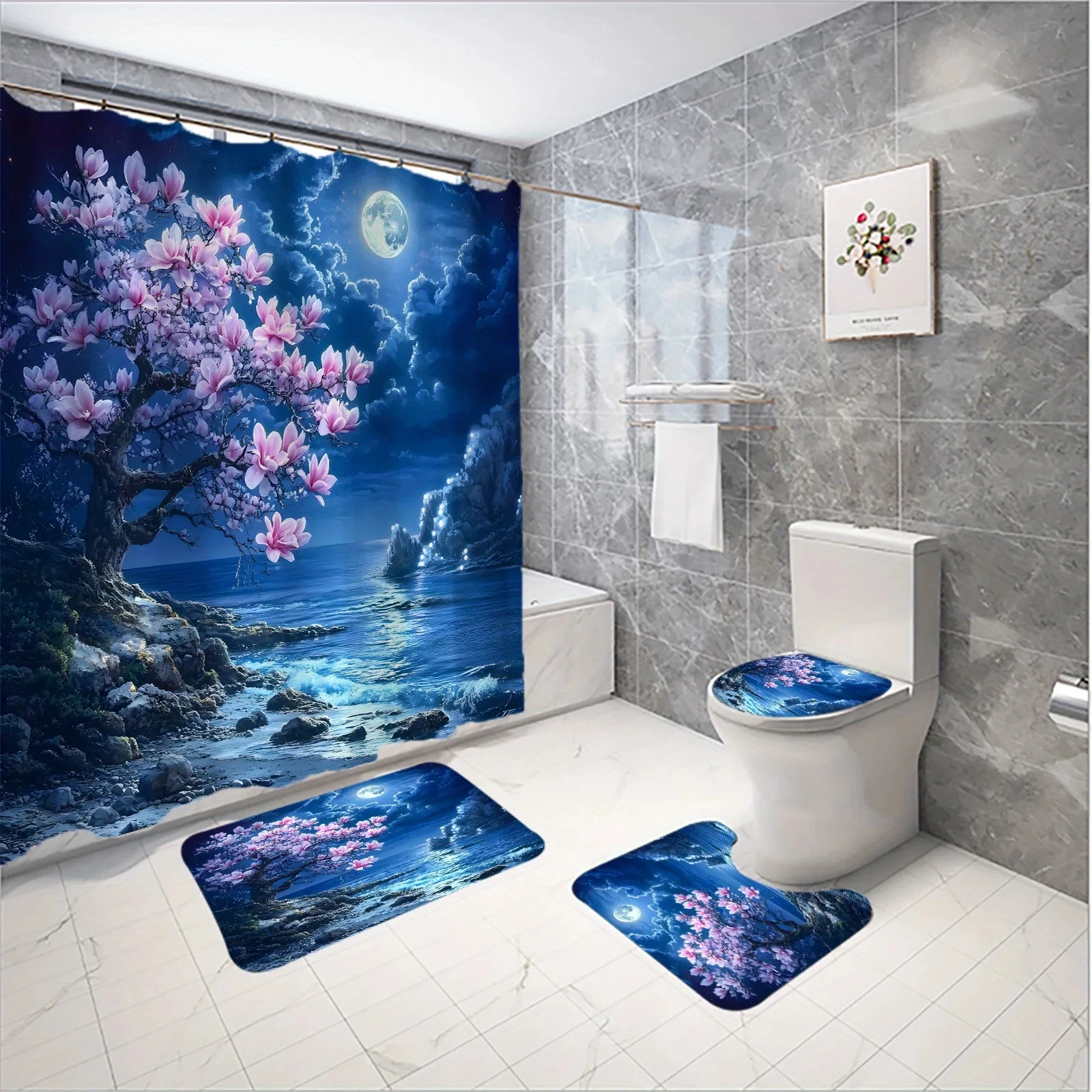 

4pcs Moonlit Floral Tide Ocean Blue Sky Dream Night Pattern Shower Curtain Set, Bathroom Curtains, Bathroom Decorative