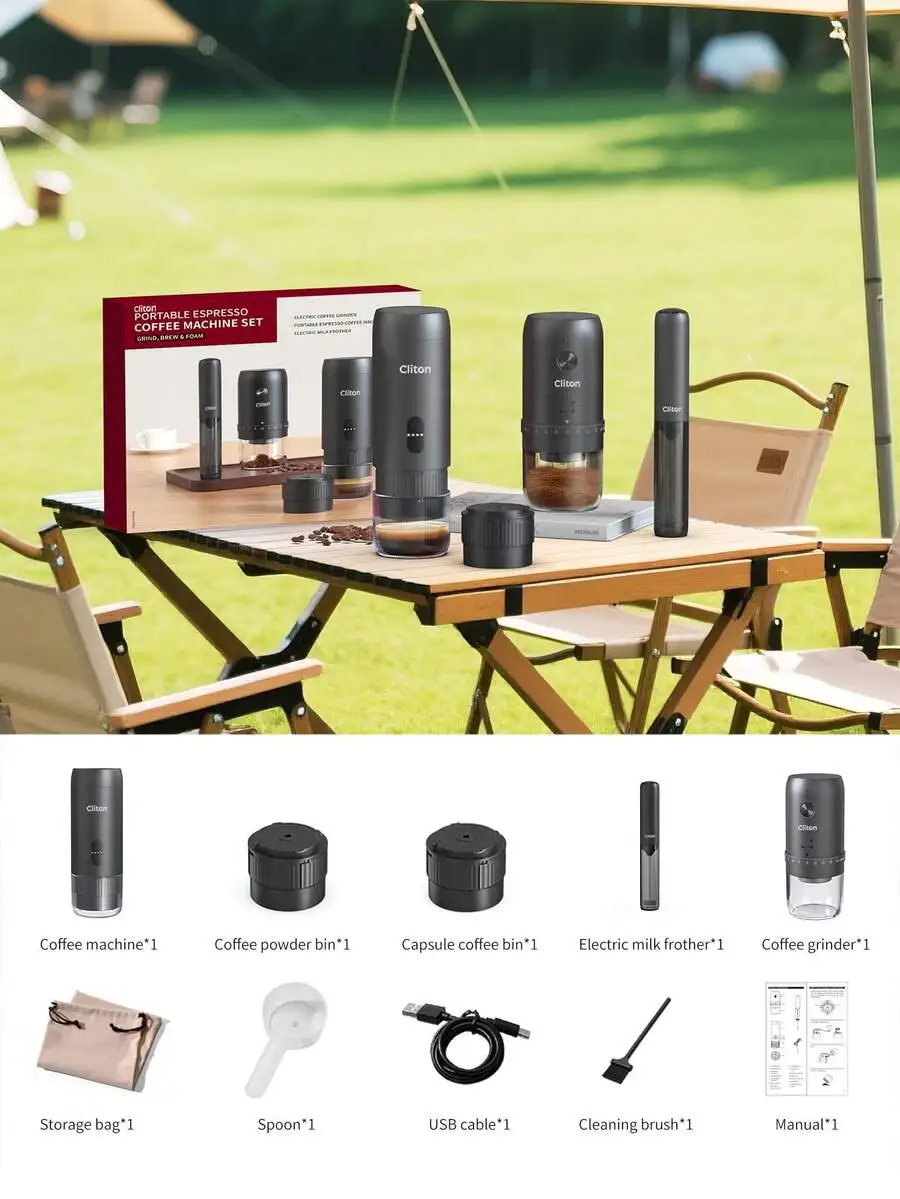 Premium 3-In-1 Portable Coffee Set: Rechargeable Espresso Maker + Electric Grinder & Milk Frother - Complete Camping & Travel Ki