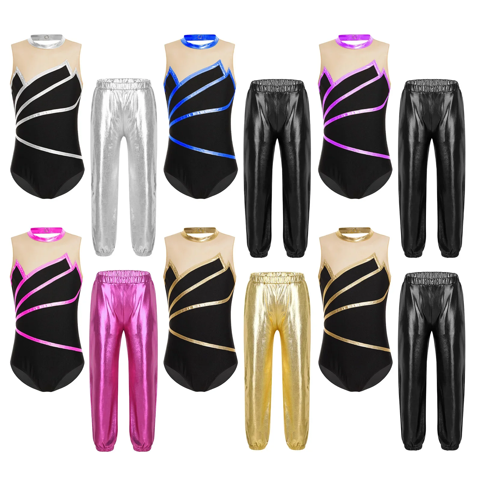 

Girls Metallic Striped Sleeveless Gymnastics Leotard for with Pants Outfit for Yoga Ballet Dance Figure Ice Skating Sportswear