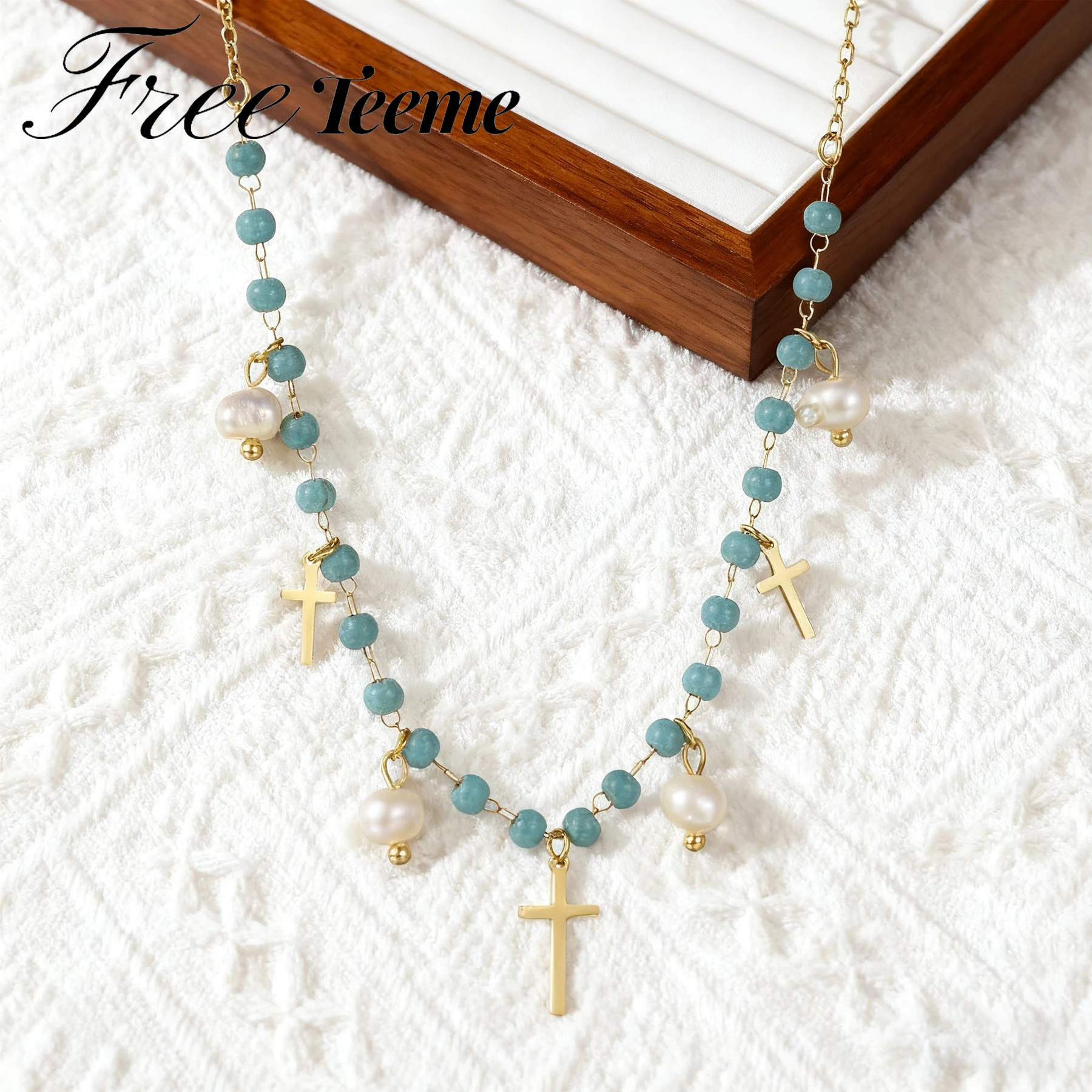 

Freeteeme Trendy Green Beaded Chain Necklace for Women Stainless Steel Cross Pearl Charms Necklaces Daily Jewelry Couple Gifts