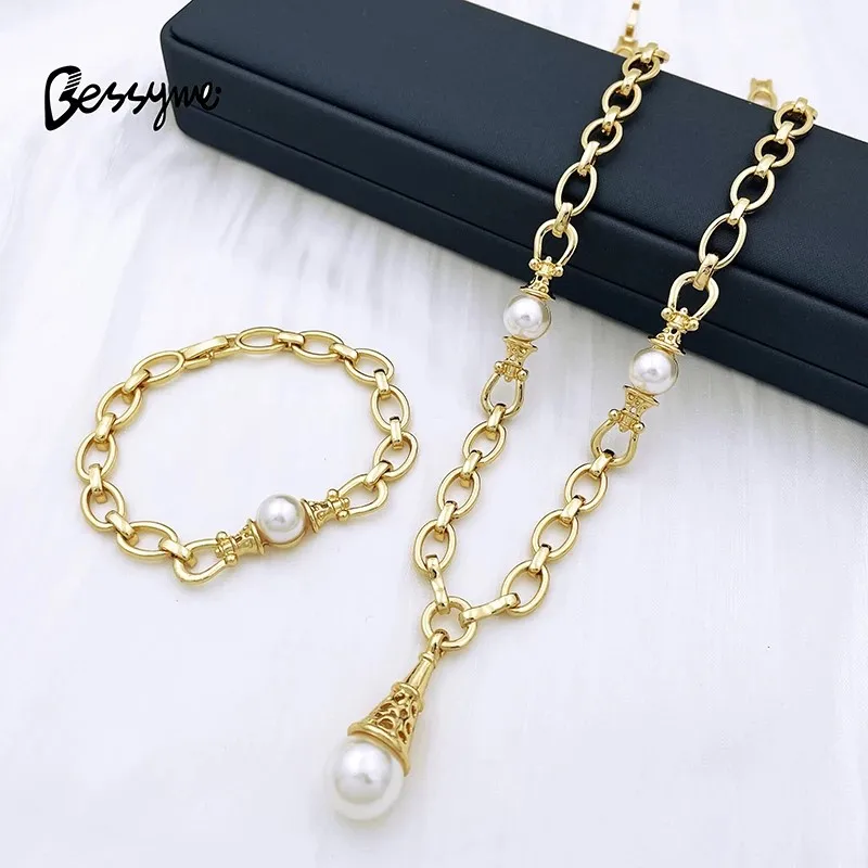 Fashion Women Jewelry Set Gold Plated Necklace Luxury Design Imitation Pearl Earrings Bracelet And Ring For Wedding Party