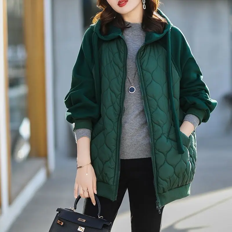 2025Autumn/Winter Jacket Women Hooded Splice Down Cotton Coat  European Station Large Size Loose Cotton Jacket Female Outerwear