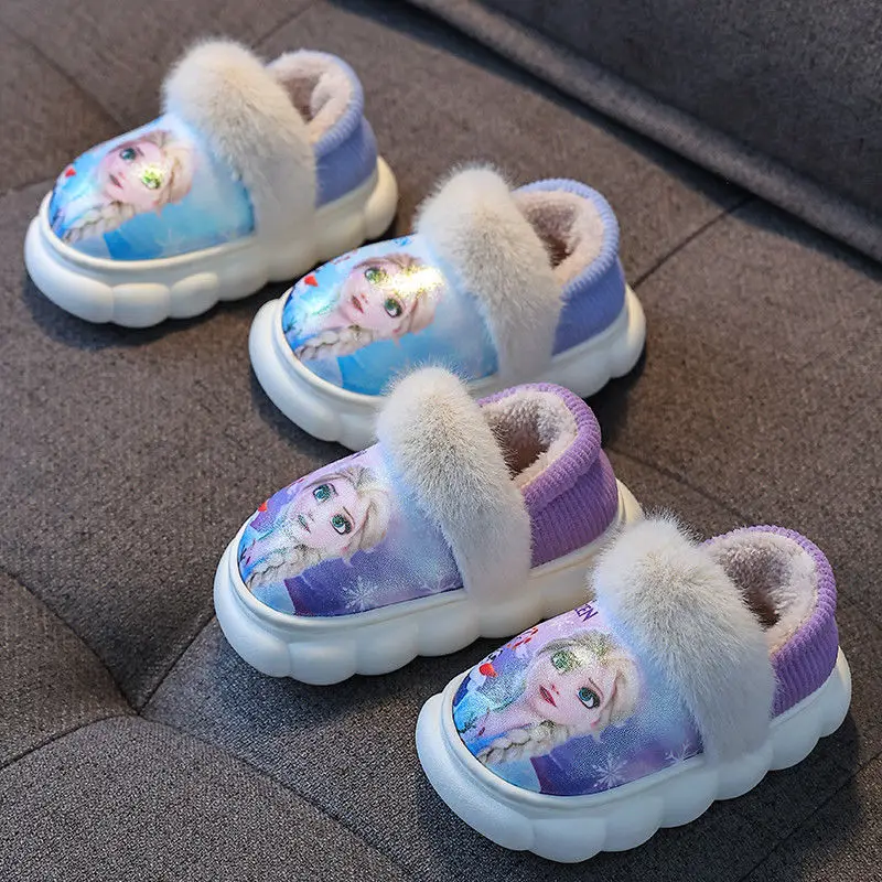 Pantoufles Disney en coton pour enfants, Frozen Princess Elsa, chaussures d'hiver pour bébé fille, anti-ald, pantoufles chaudes pour le sol de la maison, chaussures en fourrure bleue, taille 2