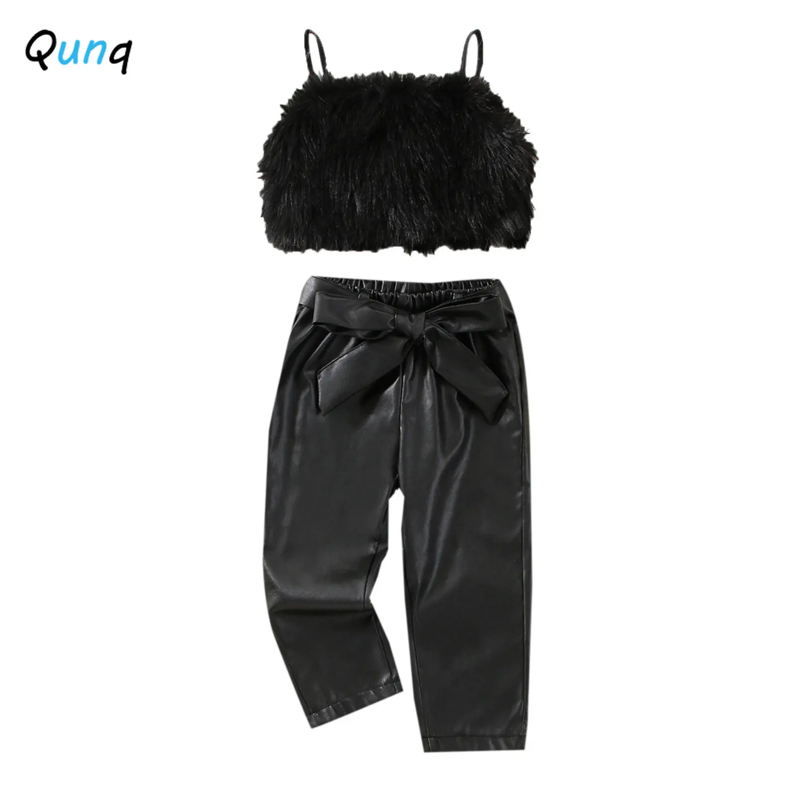 Qunq S2023 Summer INS Girls New Plush Camisole Sling Top + Pu Leather Pants And Belt 3 Pieces Set Casual Kids Clothes Age 3T-8T