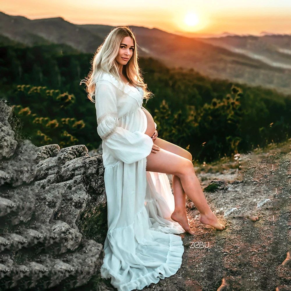 Boho Maxi Dress For Maternity Photo Shoot Elegant V Neck Ruffled Lantern Sleeves Flutter Style Linen Cotto Pregnancy Photography