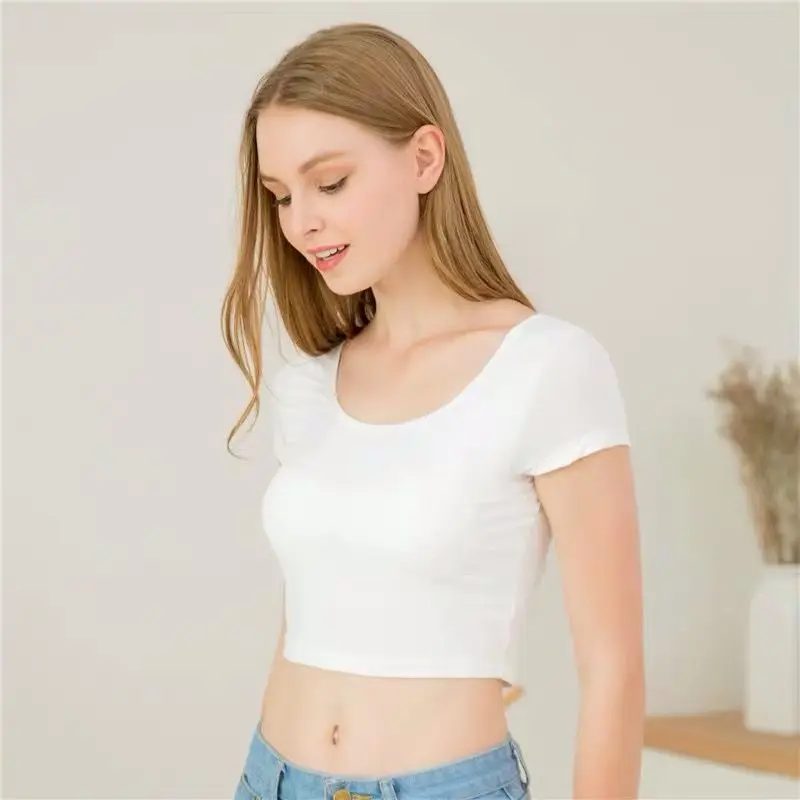 Women T-Shirt Summer Short-Sleeved All-In-One With Chest Pad Short High-Waist Navel Sports Yoga Casual Solid Breathable Crop Top