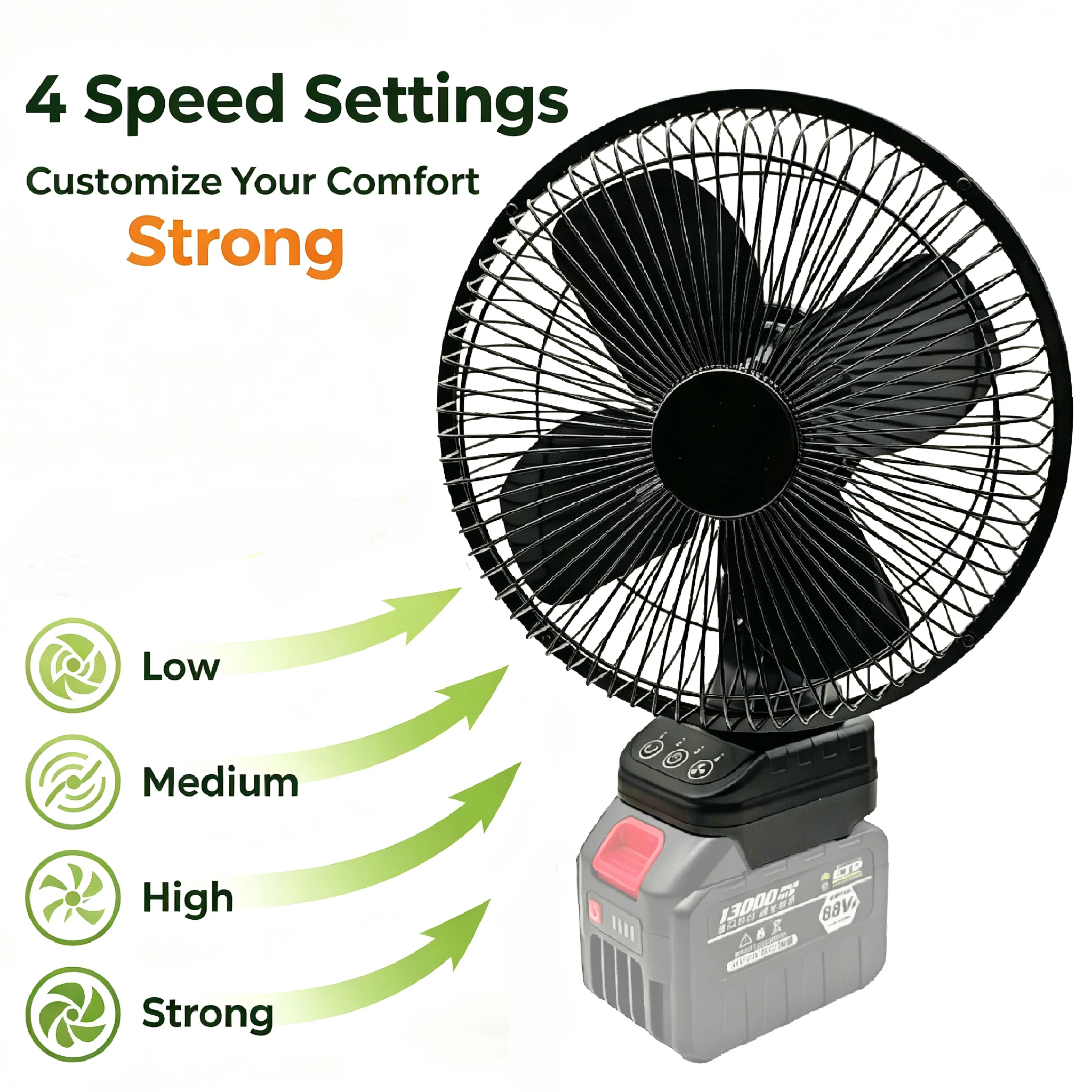 Für Makita Lithium-Akku Bürstenloser Metallventilator 140 ° Oszillation 45 ° Verstellbarer Ventilatorkopf 4 Geschwindigkeiten DC-Betrieb für Outdoor-Camping – Detail 7
