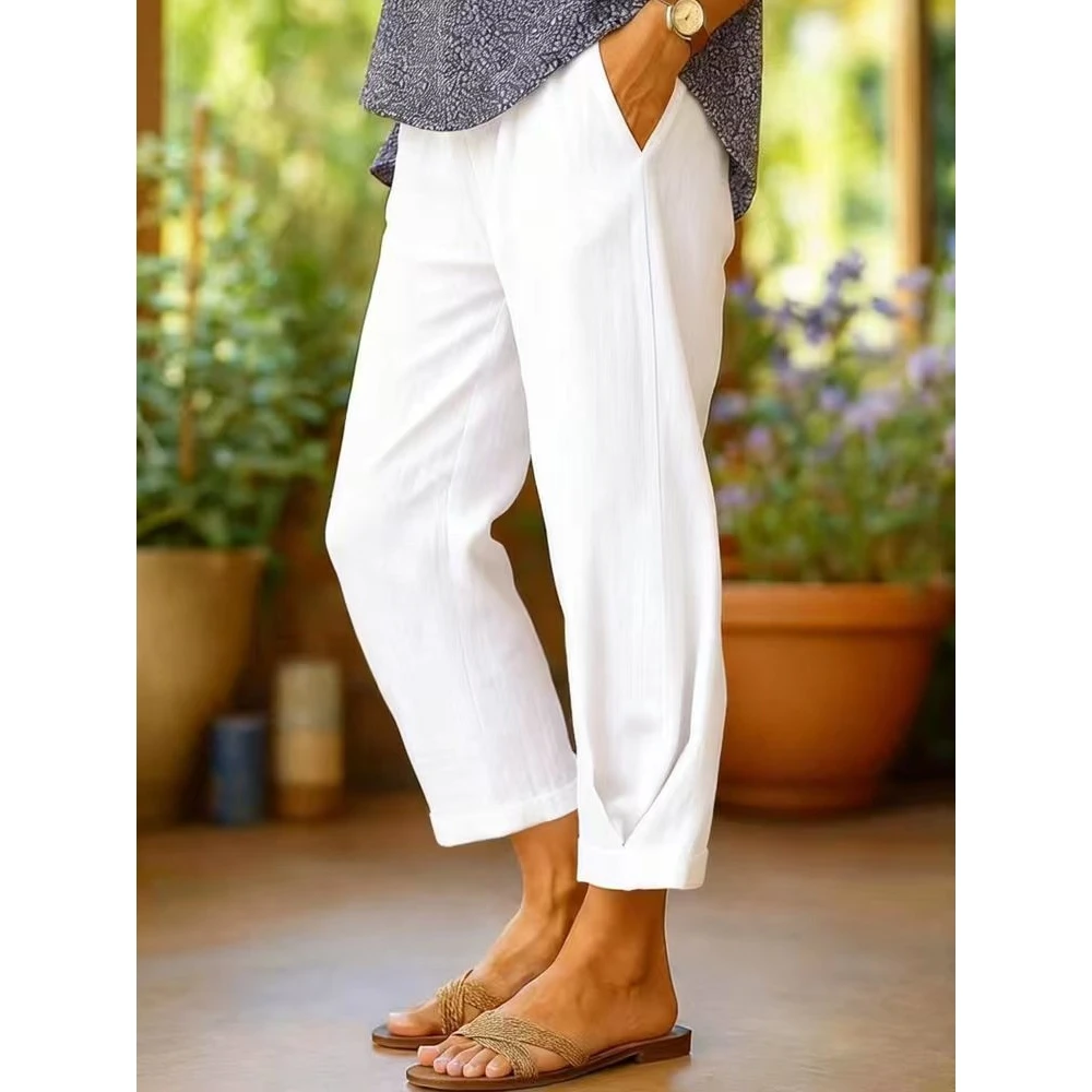 Casual Straight Leg Cotton Linen Loose Pocket Pure Color Elastic Waist Pants Women's Fashion Independent Station Cross-Border