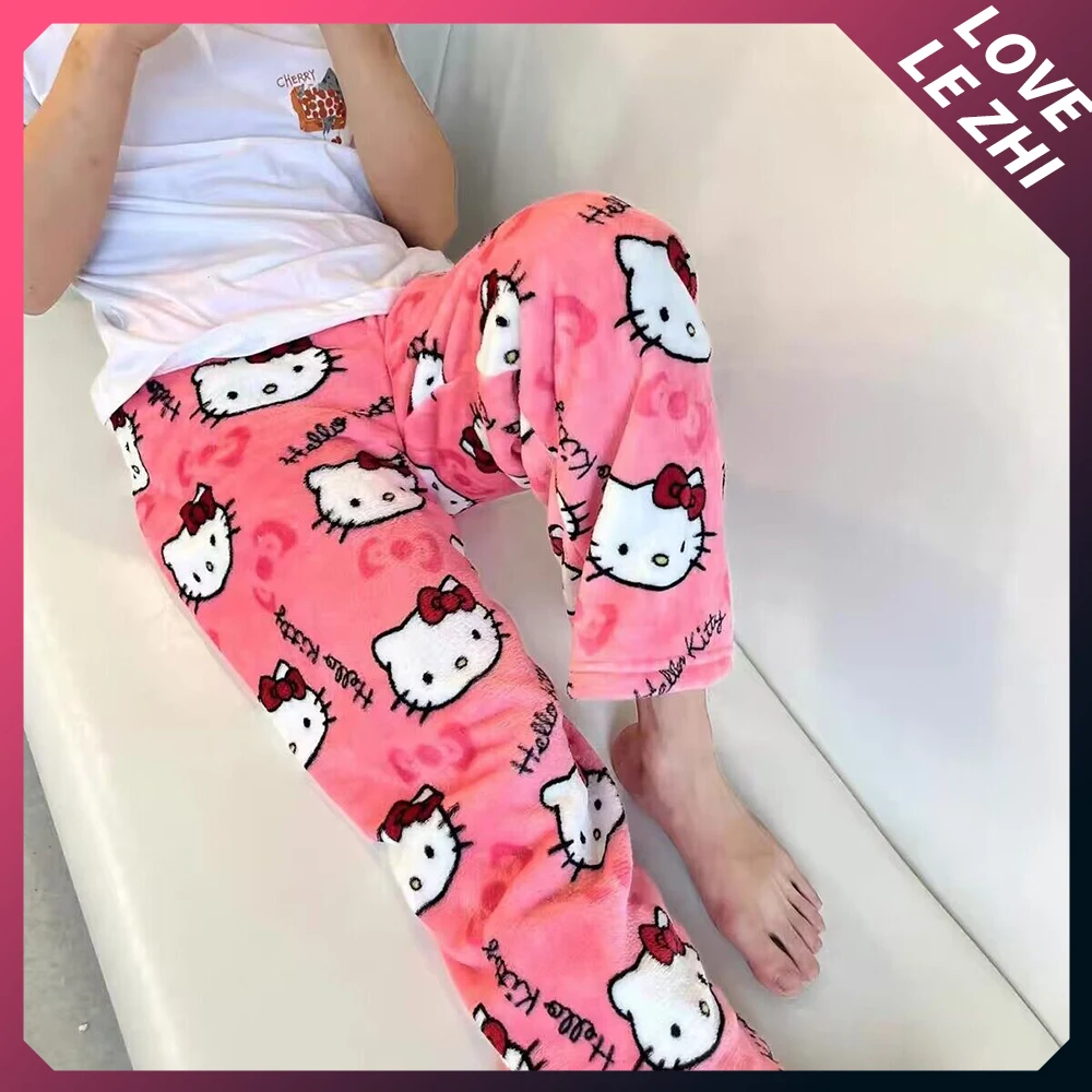 Sanrio Hello Kitty calças de flanelpara mulheres, calça quente, pijama solto, moda anime kawaii, calça casual para casa, outono, inverno