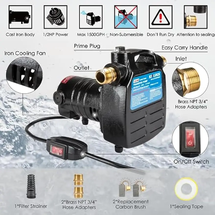 KITLUCK 120V 1/2 HP 1500GPH pompa dell'acqua elettrica portatile in ghisa, pompa di trasferimento ad alta pressione per impieghi gravosi