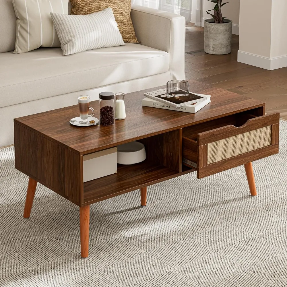 

Coffee Table with Storage, Boho Dining Table with Rattan Drawer, Small Coffee Tables for Living Room, Walnut