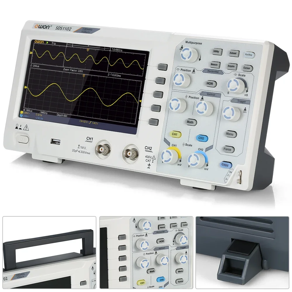 Owon SDS1102 2CH 1GS/s 8 Bits Osciloscopio Digital Oscilloscope 100MHZ Bandwidth High Accuracy 7in Screen Digital Oscilloscopes