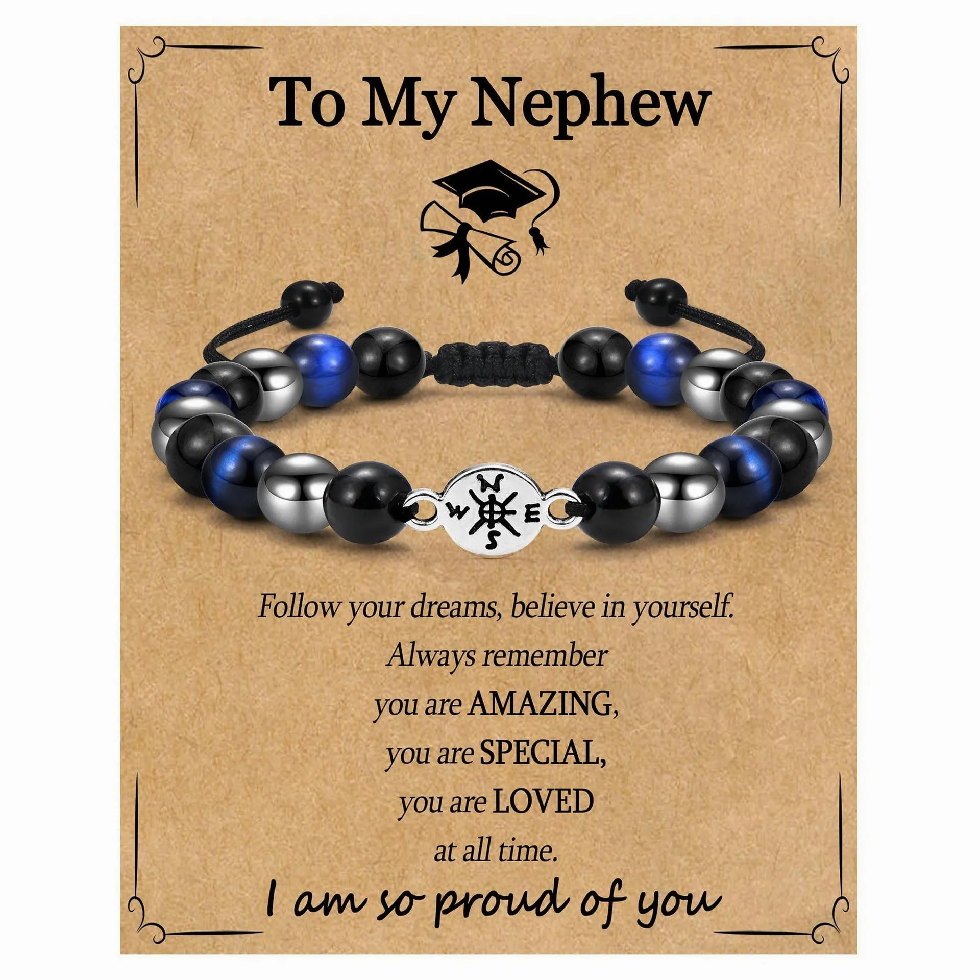 Tiger Eye Black Hematite Compass Beaded Bracelet Woven Braided Handmade Graduation Gift Jewelry for Women Men