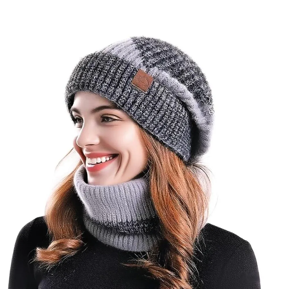 Gorro de invierno suave, conjunto de bufanda, gorro de punto térmico grueso de diseño elegante, protección térmica con forro polar, gorro de lana cálido para esquiar