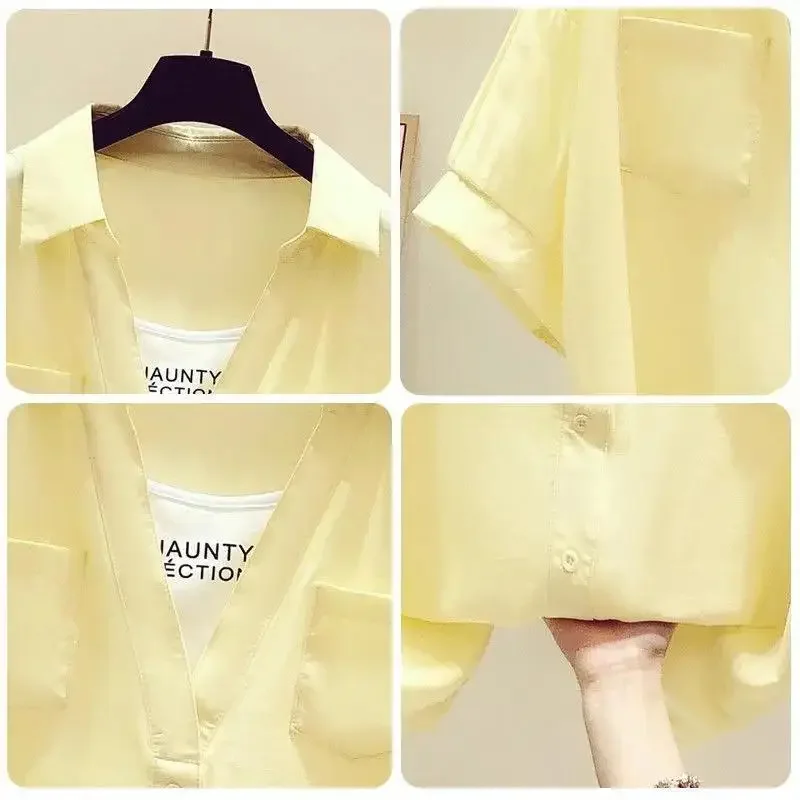 여성 캐주얼 솔리드 컬러 반팔 셔츠 2025 여름 새로운 한국어 버전 느슨한 가짜 투피스 다목적 탑 Blusas De Mujer