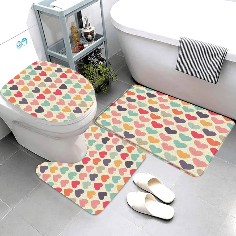 3 Pcs Colourful Hearts Pink Polka Dots Black and White Stars Bathroom Carpet Set Stars Cloud Bath Mat Toilet Seat Bathroom Decor