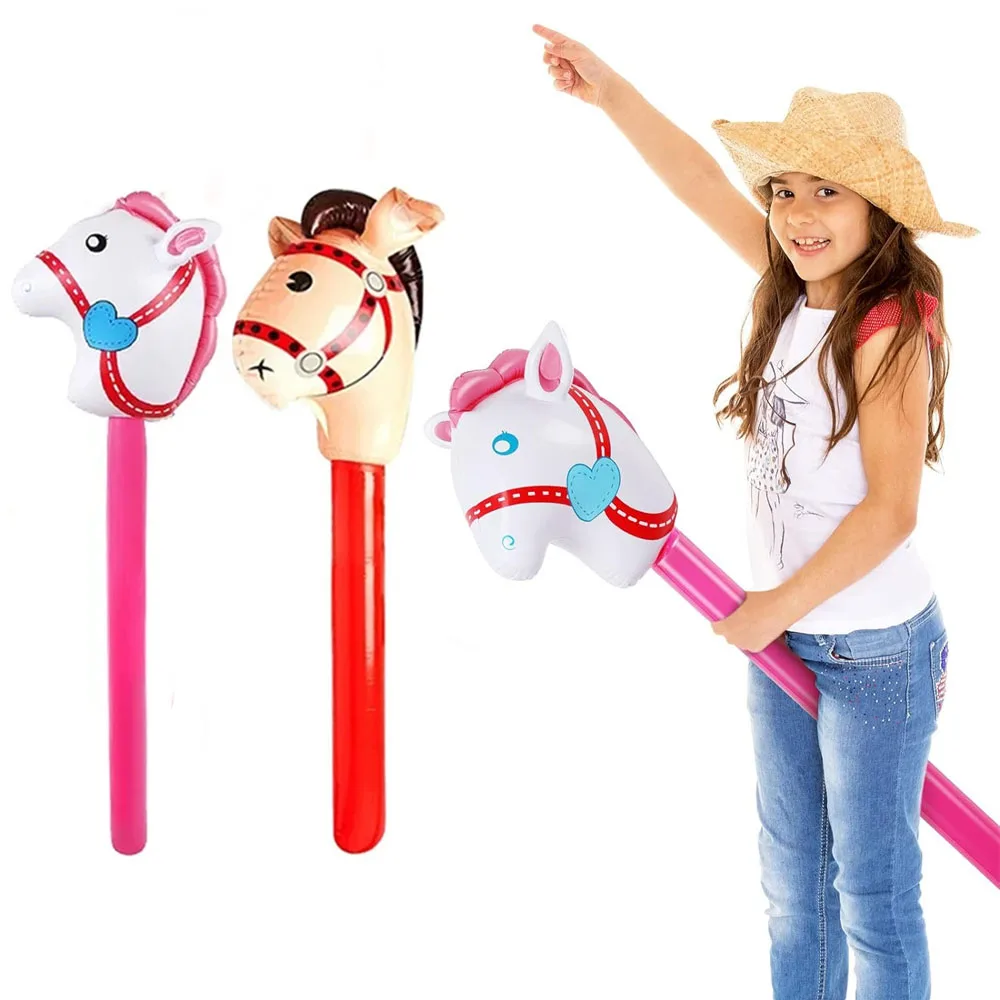 Inflatable Stick Horse Head Inflatable Pony Stick Balloon Cowboy Cowgirl Farm Animal Themed Birthday Party Decorations