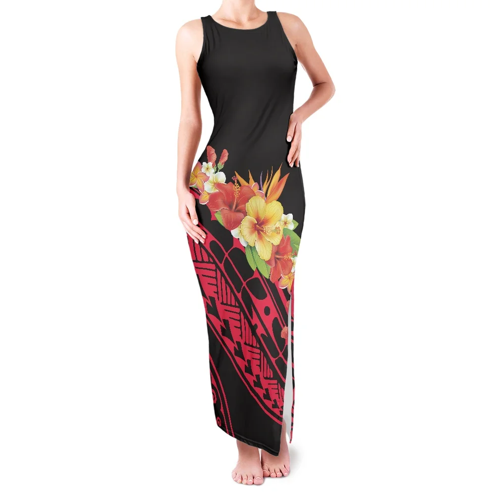 Elegant Women Large Size Dress Samoan Black Bottom Print Hibiscus Dress Sleeveless Slit Vest Long Skirt Summer Banquet Clothing