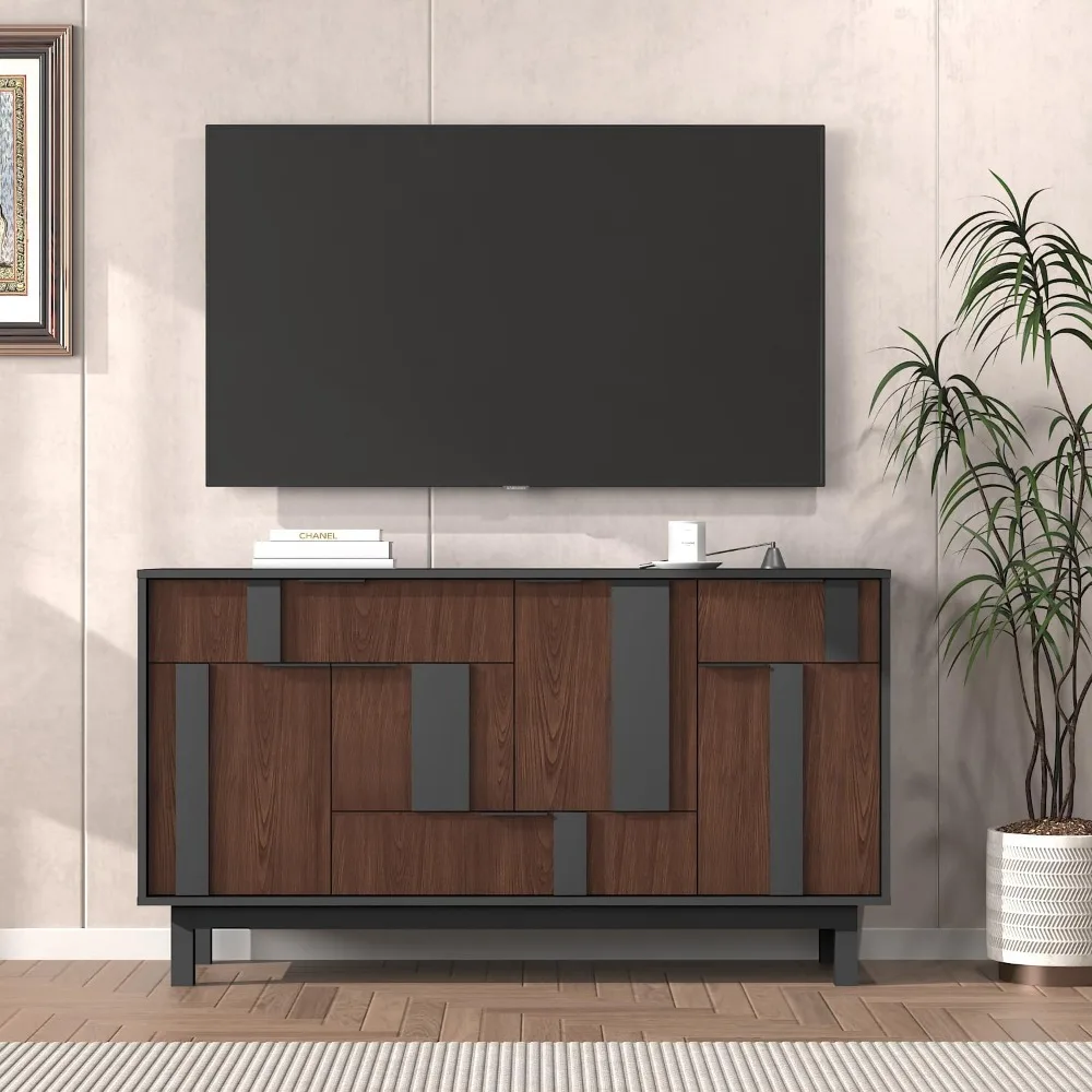 خزانة جانبية بأبواب هندسية ثلاثية الأبعاد، وخزانة تلفزيون مقاس 54 بوصة مع 4 أبواب و3 أدراج، وخزانة تخزين بوفيه Credenza #5