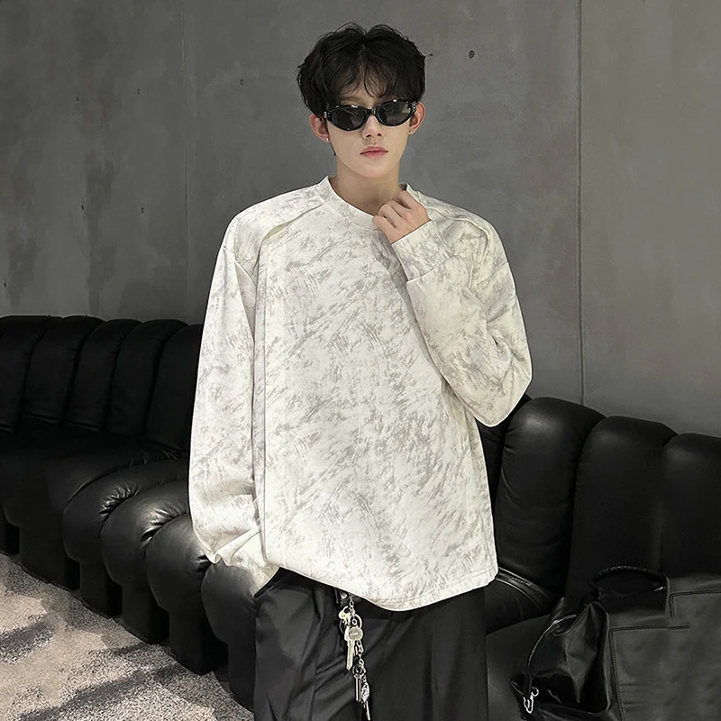 Niche Design Men's Tees Tie Dye Contrast Color O-neck Casual T-shirts Long Sleeved All-match Loose Male Clothing DE45