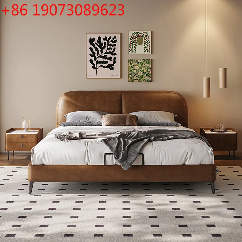 

Французская винтажная кожаная кровать, обработанная масляным воском, двуспальная кровать в винтажном стиле, кровать размера «queen-size» для главной спальни, высококачественная атмосферная кожаная мебель.