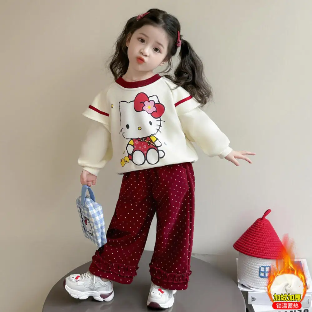 

Sanrio Hello Kitty Girls Sweet Sweatshirt Set Kawaii Winter Children's Casual Velvet Thickened Cartoon Sweatshirt Two-Piece Set