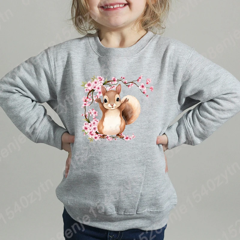 Squirrel Cherry Blossoms Print Pullovers Kids Girls Hot Selling Tops Casual Sports Hoodless Sweatshirt Children Solid Color Tops