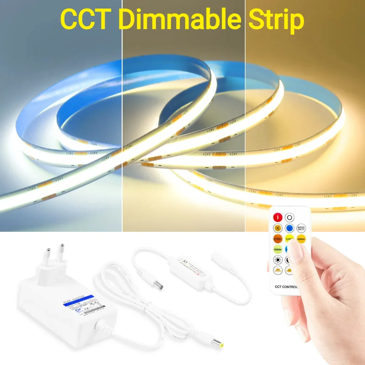 Tira de luces LED COB regulable, 10M, 5M CCT, 2700K-6500K, blanco frío, Natural, cálido, cambiable, 576LEDs/M, alto brillo con Control remoto